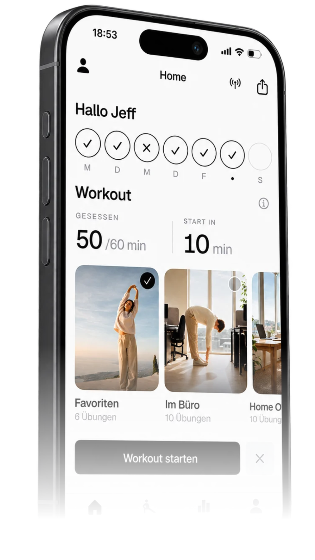 Die SitBetter-App auf dem iPhone: Startseite mit Sitzzeit und Workout