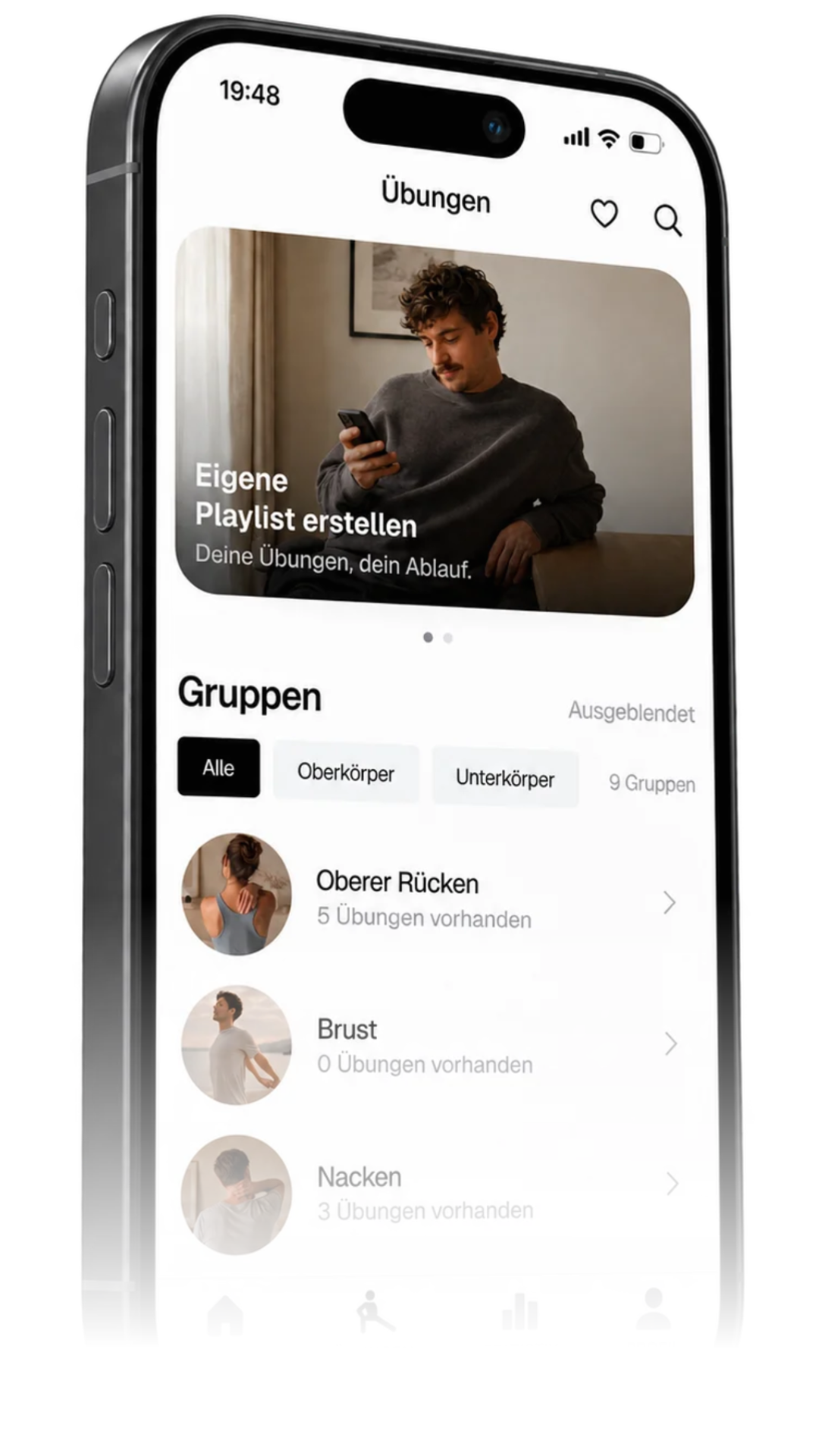 Übungen in der SitBetter-App: Gruppen für Rücken, Brust und Nacken