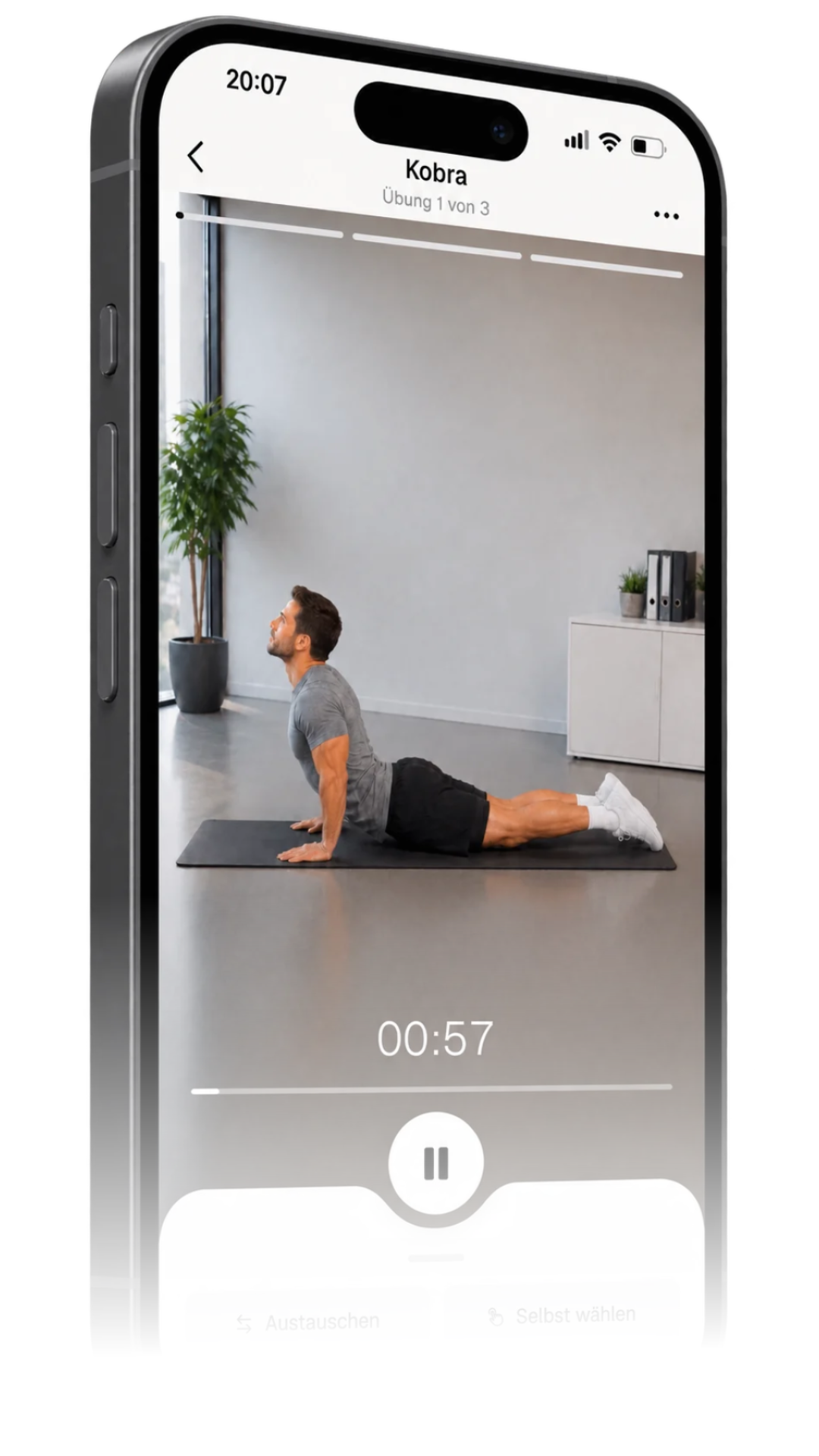 Laufende Übung in der SitBetter-App mit Video und Timer